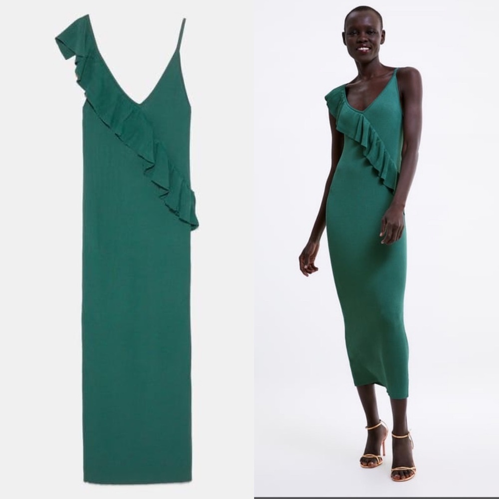 ZARA Ruffled One Shoulder Ribbed Teal Green MIDI Dress BodyCon NWT Small​